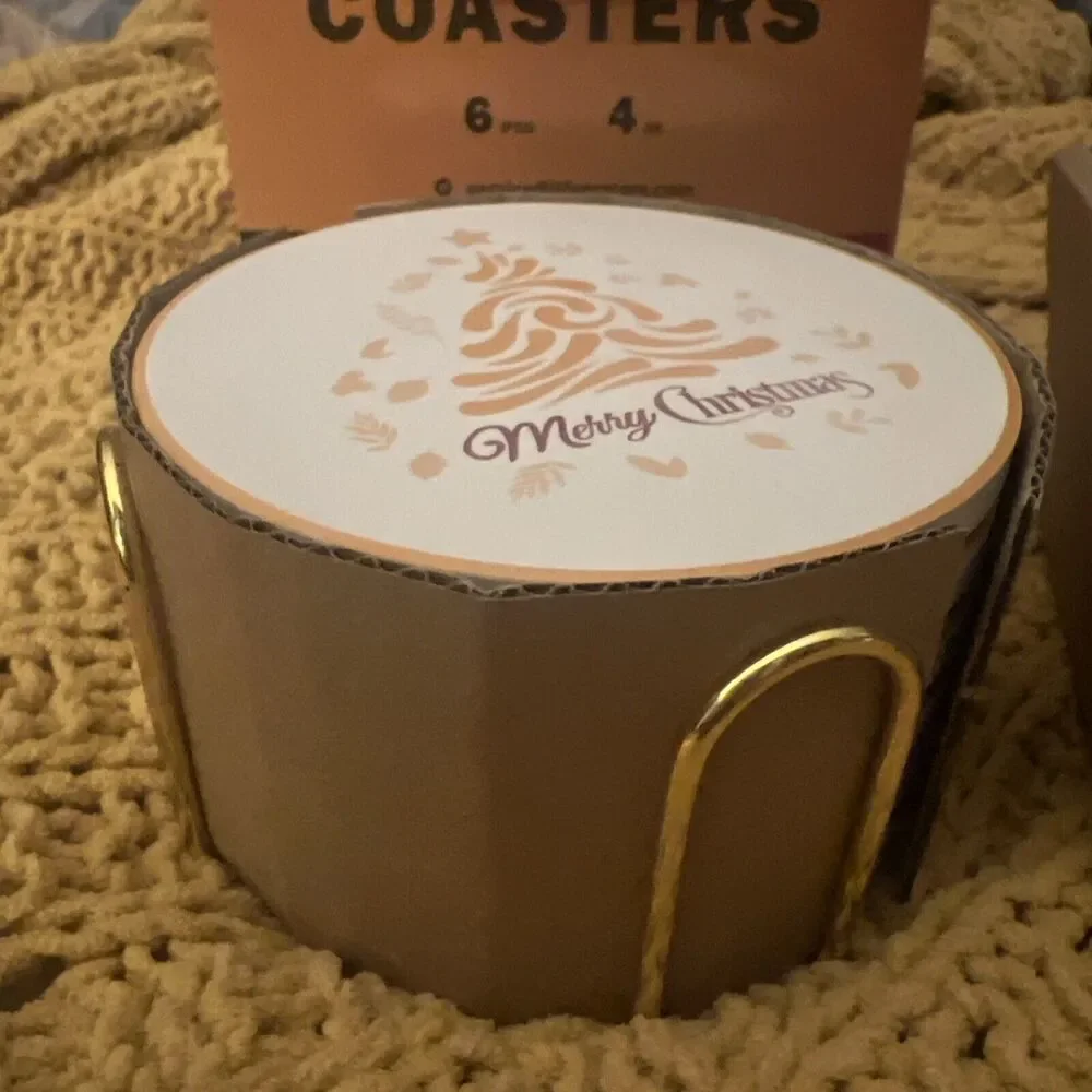 LIFVER Christmas Coasters & Holder , Christmas Tree “Merry Christmas” New
